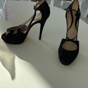 YSL Black Satin Platform Ankle Strap Stiletto Heels EU 38 Excellent Condition